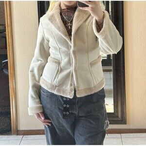 VTG Y2K Mudd Faux Suede Fur Jacket Penny Lane Beige Cream Coat Womens M 00s Snap